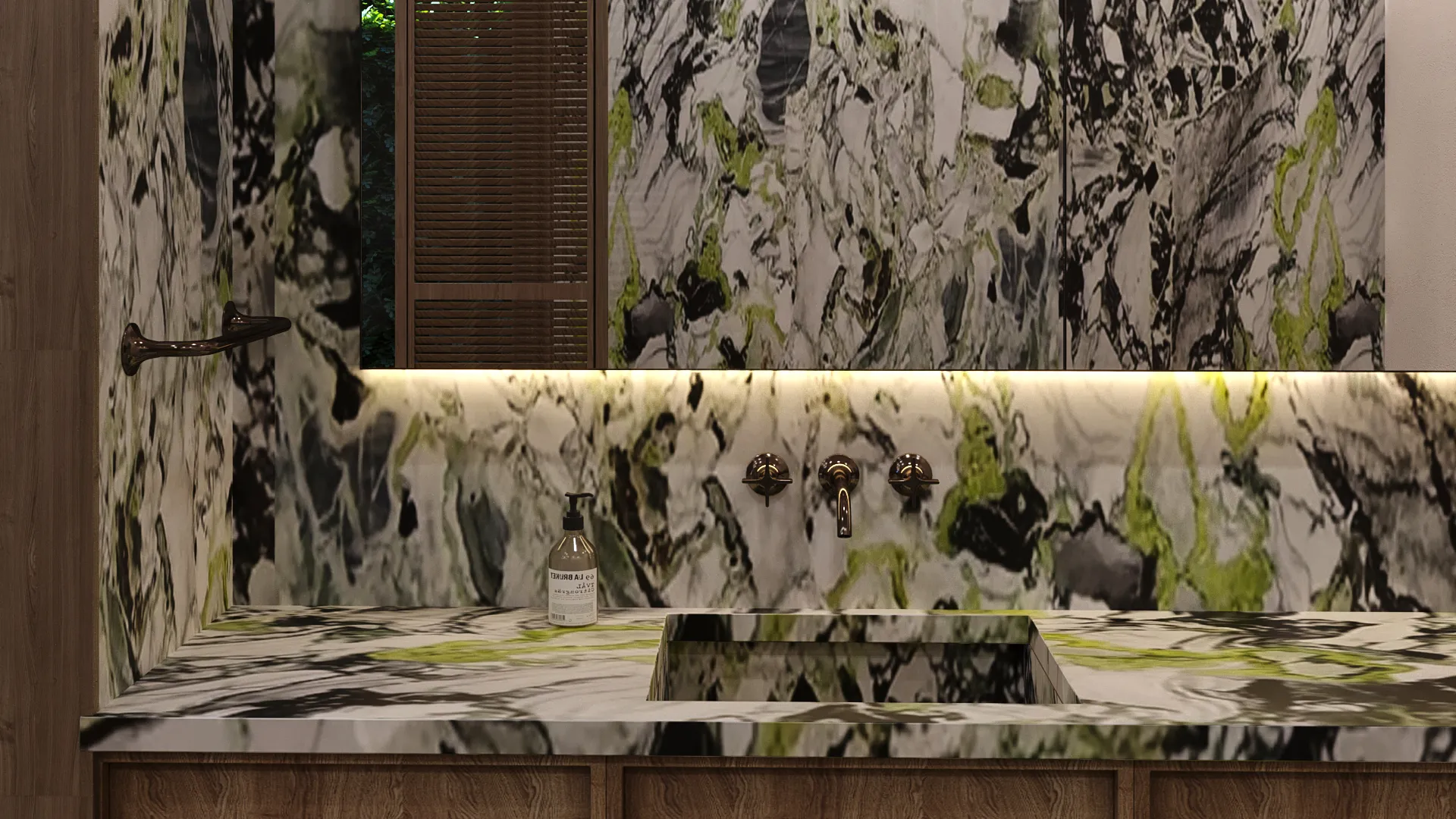 Villa Dearborn — book-matched green stone